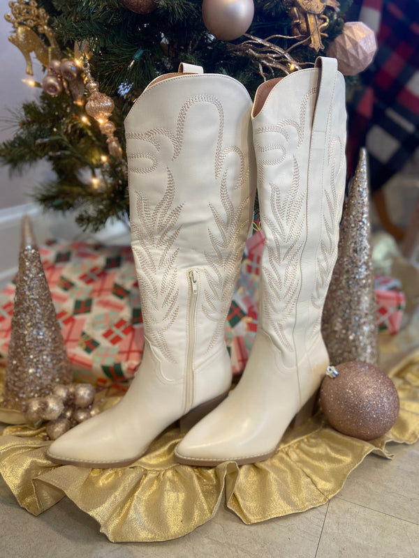 Knee High White Embroidered Cowgirl Boots