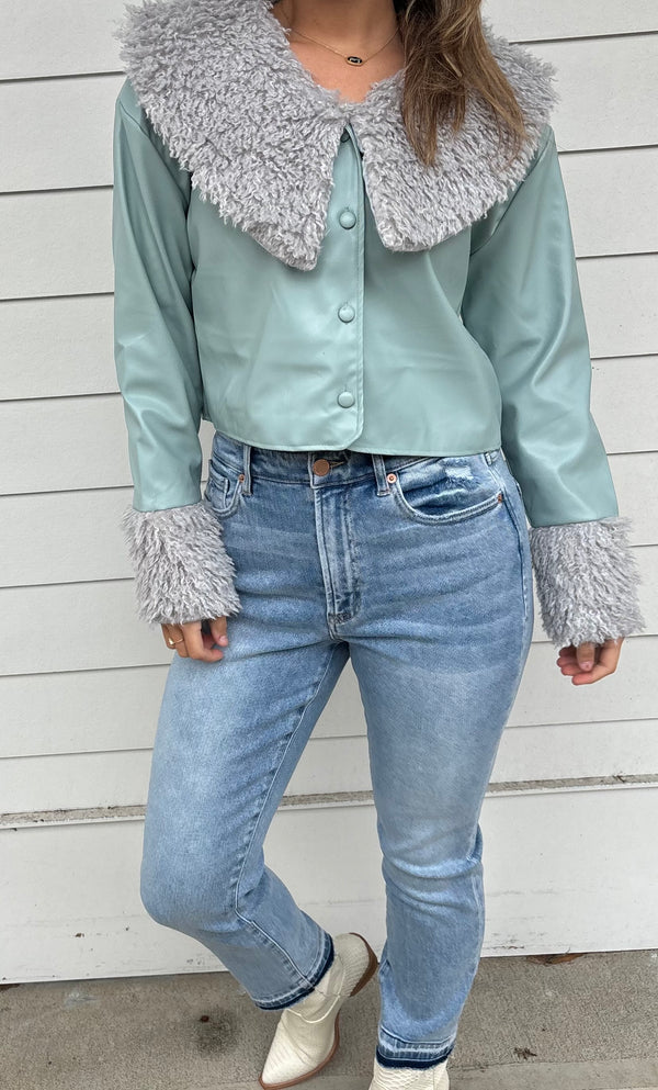 Mint Fur Trim Leather Crop Jacket