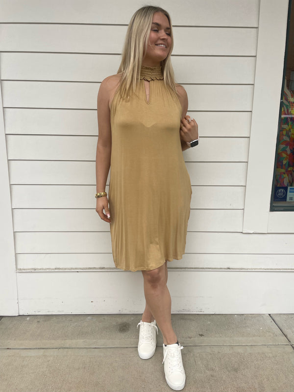 Camel Smock Neck Jersey Dress