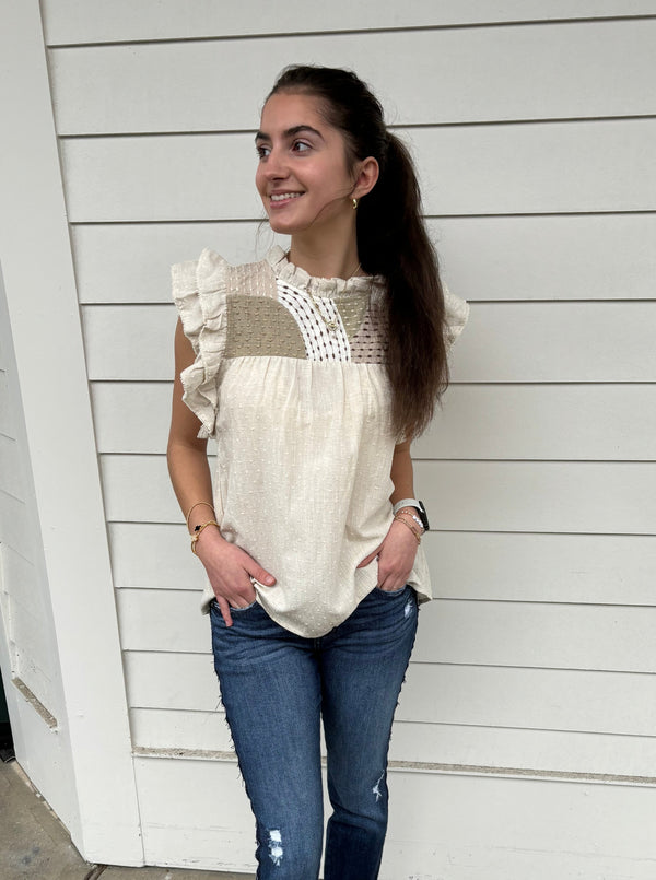 THML Ivory Mixed Print Linen Top