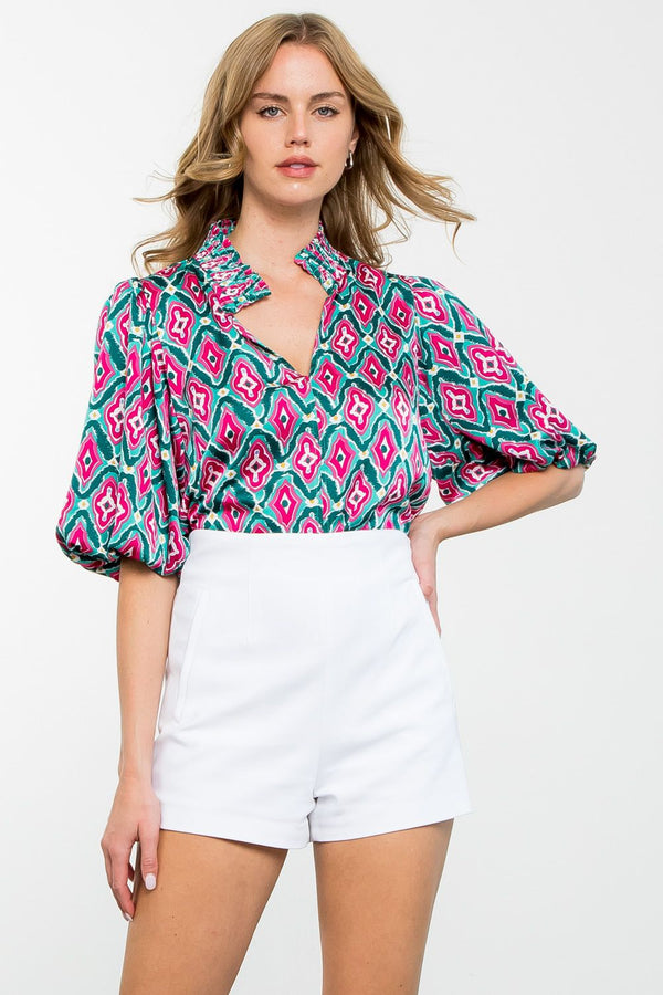 THML Teal Printed Notch Neck Top