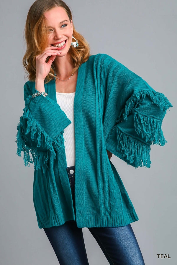 Teal Fringe Sleeve Long Cardigan