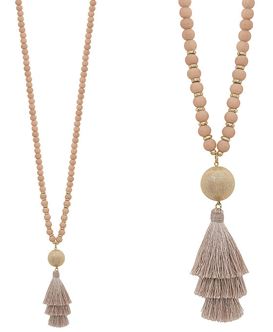 Wooden Bead Tassel Necklace (5 colors)