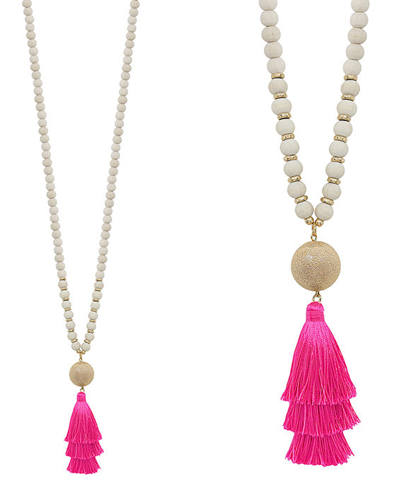 Wooden Bead Tassel Necklace (5 colors)