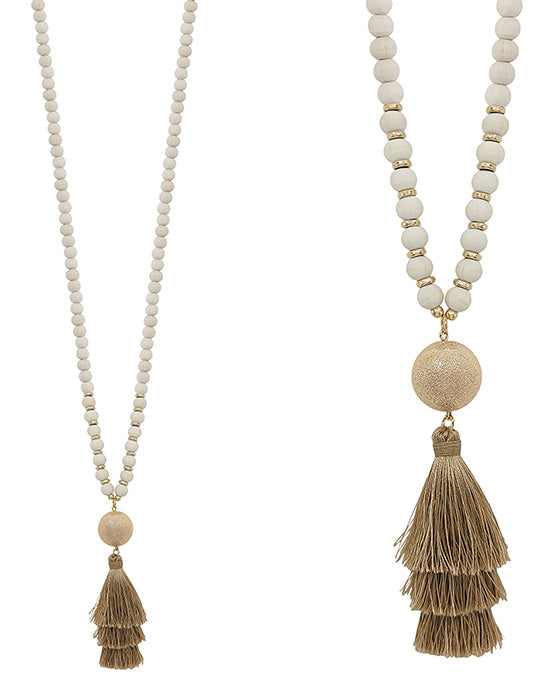 Wooden Bead Tassel Necklace (5 colors)