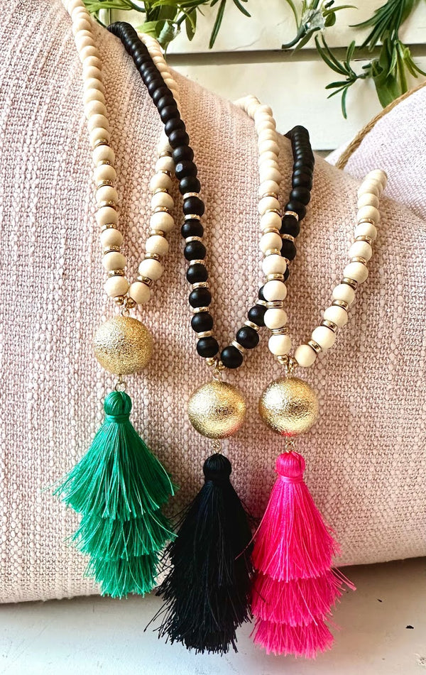 Wooden Bead Tassel Necklace (5 colors)