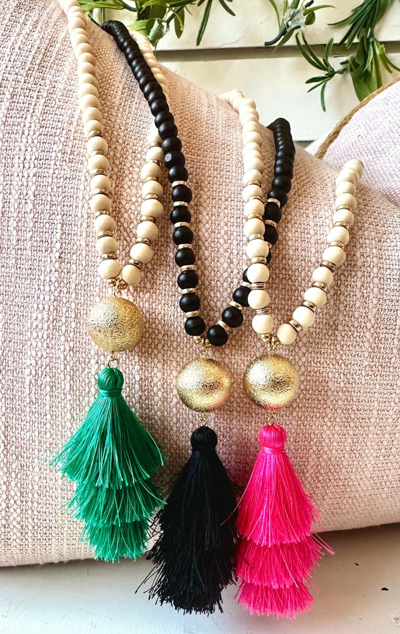 Wooden Bead Tassel Necklace (5 colors)